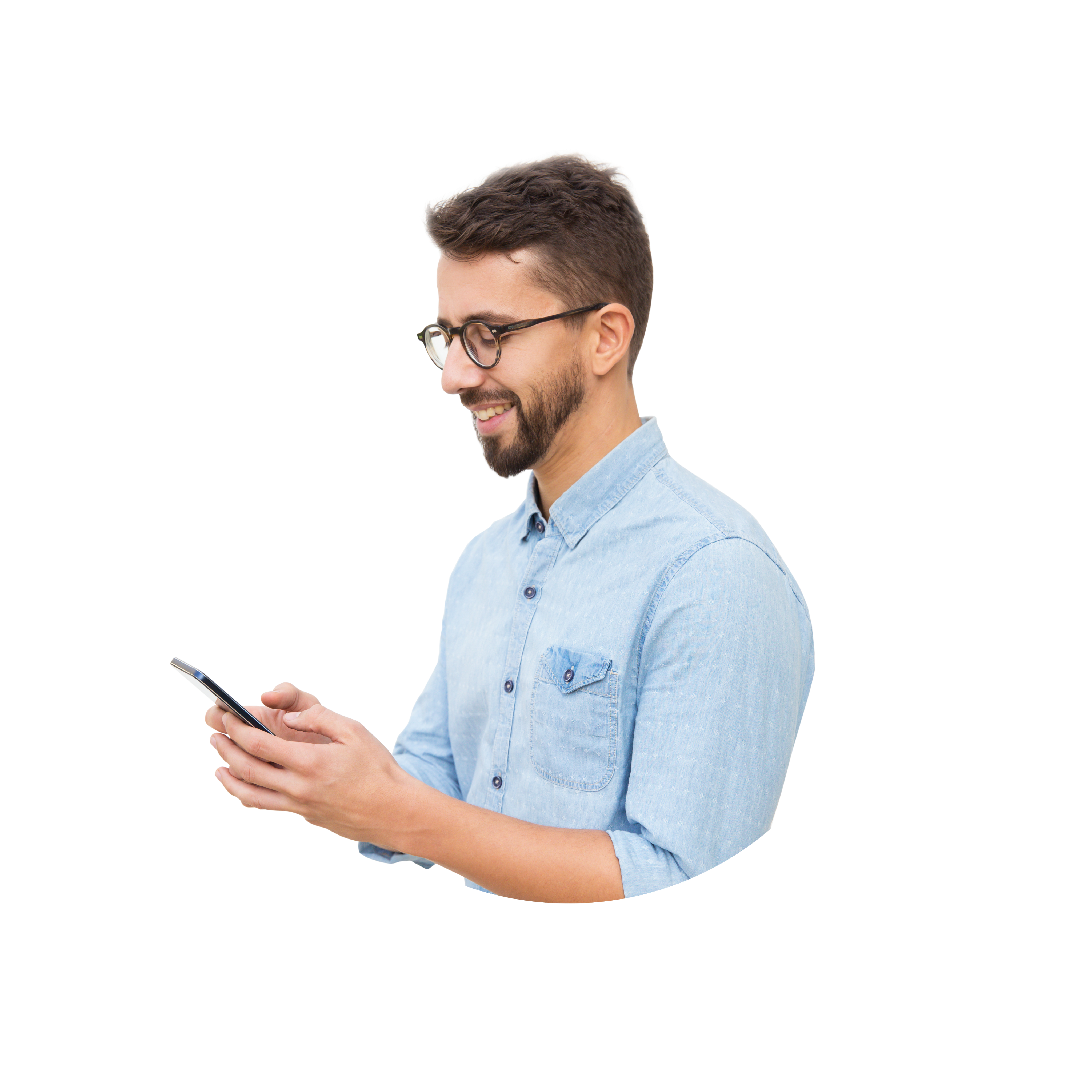 Joyful guy texting on smartphone